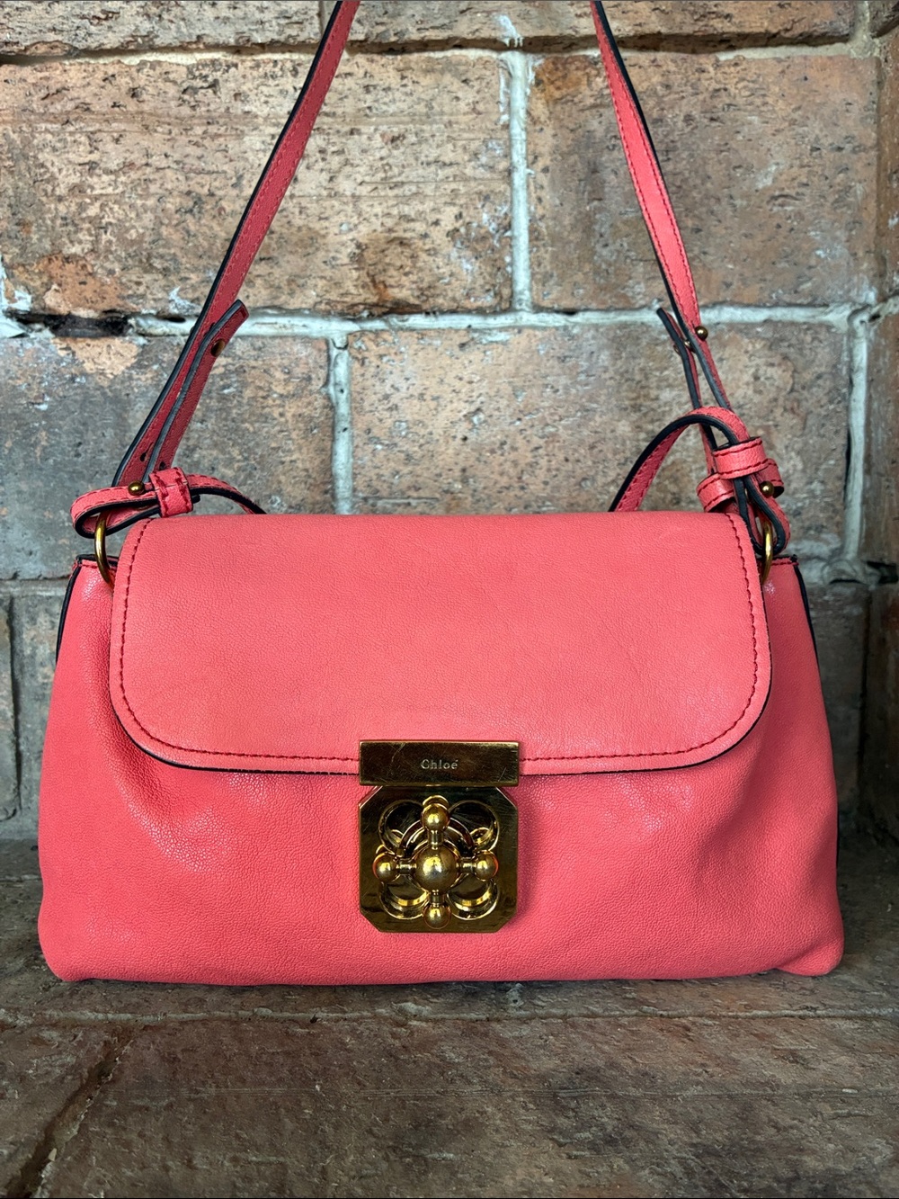 Chloe Elsie 2 way Shoulder Hand Bag Coral Pink floral turn lock supple leather